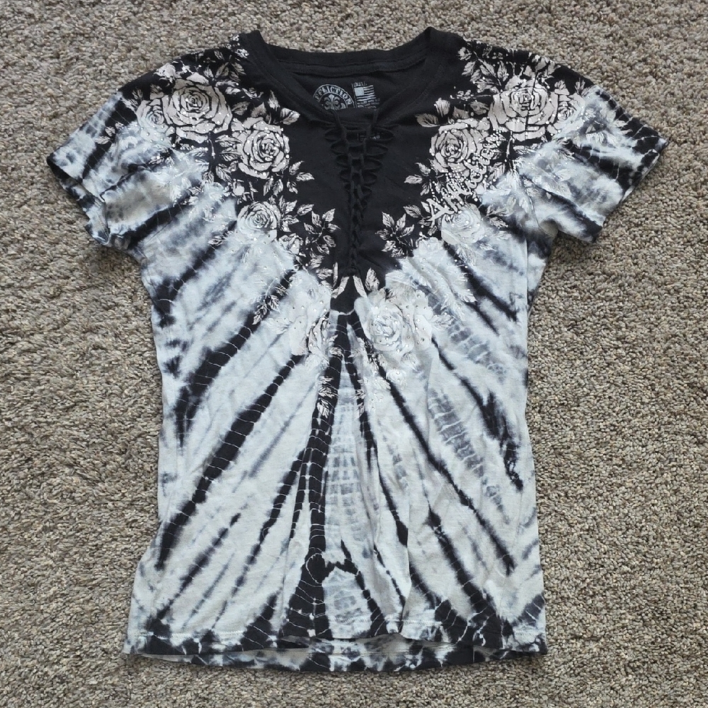 Affliction Black and Gray Floral Tie-Dye Tee